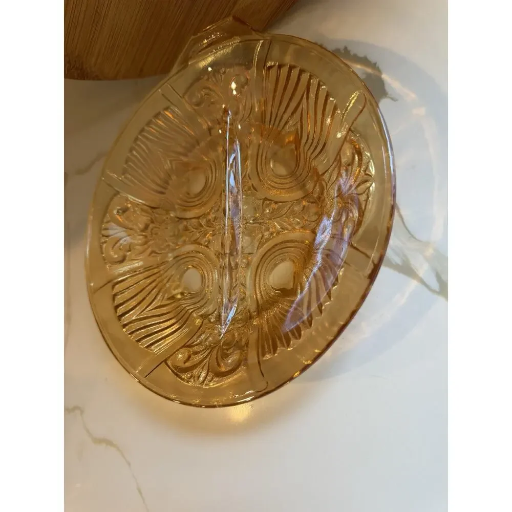 Vintage Indiana Glass Iridescent Amber Killarney Divided Relish Dish Handle